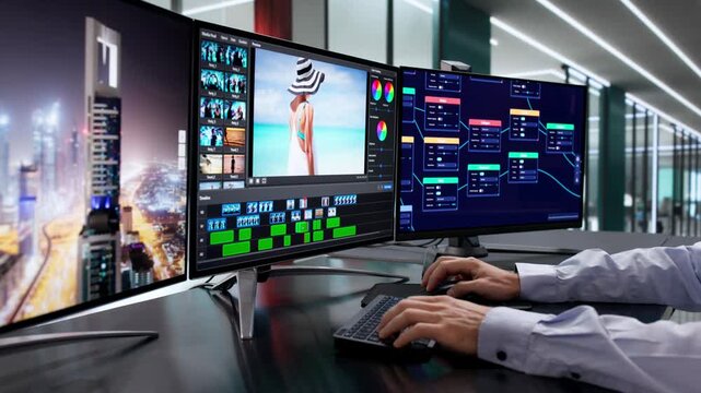Man Editing Video On Computer