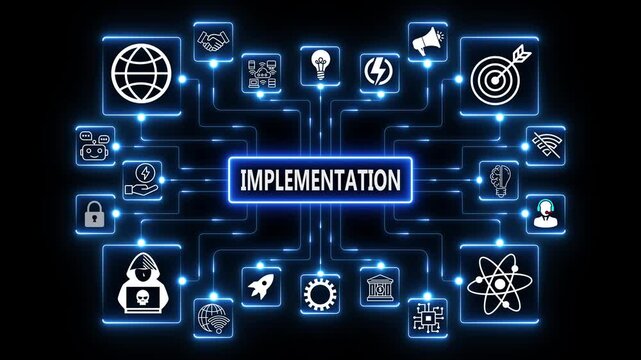 Implementation process network animation with connected technology icons, glowing data nodes and digital system deployment workflow visualization on dark background