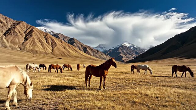 Horses grazing in a vast, golden valley with majestic snowcapped mountains and dramatic sky