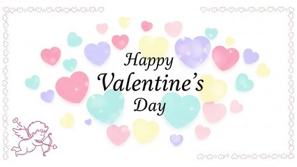 Cute 'Happy Valentine's Day' Illustration with Pastel Hearts, Cupid, and Decorative Border