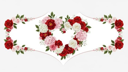 Romantic Floral Heart Frame with Red, Pink, and White Roses and Hydrangeas Illustration