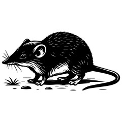 Black and white detailed vector illustration of a shrew in side view, with textured fur, whiskers and a long tail, standing on the ground, isolated on a white background.