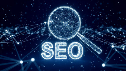 Glowing seo magnifying glass icon with sparkling network connections on dark blue background representing search