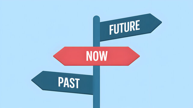 Directional signpost pointing to past, now, and future, symbolizing choice and time