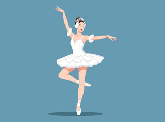 Beautiful ballerina in white tutu and pointe shoes performing a classic ballet pose, Graceful dance illustration.