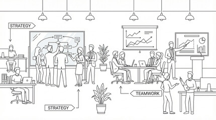Business Team Collaborating in Modern Office Line Art Illustration