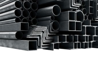 stacked charcoal grey matte galvanized steel profiles (h-beams, tubes) in a high-contrast cinematic studio medium close-up, reflecting on a white infinity background. concept of metallurgical