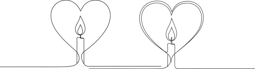 Continuous line art illustration of two heartfelt candles glowing within minimalist heart shapes, symbolizing love, remembrance, and enduring connection, ideal for themes of warmth and solace