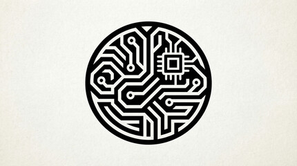Circular artificial intelligence icon with brain and circuit board patterns