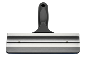 Stainless steel window squeegee with black rubber handle isolated on a transparent background