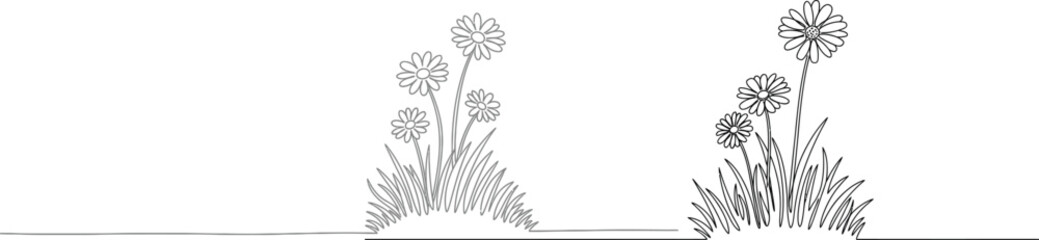 Delicate line art illustration capturing the serene beauty of spherical flowers blooming amidst lush grass, evoking a sense of natural tranquility and simple elegance