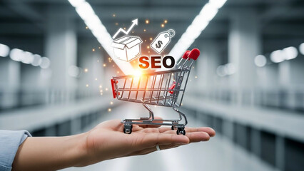 Hand holding a miniature shopping cart with glowing seo icons representing online marketing and e commerce