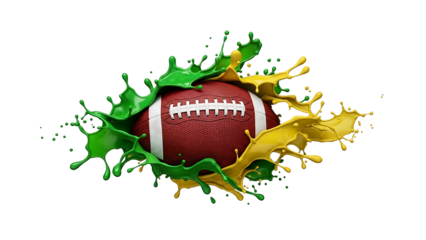 A football surrounded by vibrant green and yellow paint splatters on transparent background