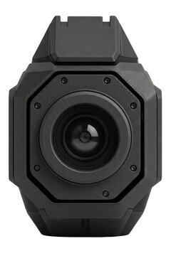 Black rugged body-worn camera for security isolated on a transparent background