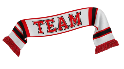 A red, white, and black scarf with the word TEAM on transparent background
