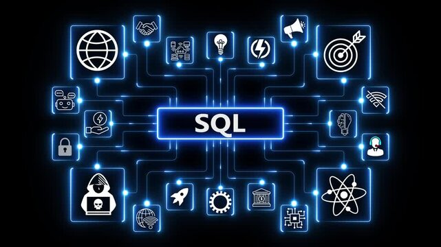 4K Abstract Visualization of SQL Language, Relational Databases, and Data Querying. 4K black background visuals