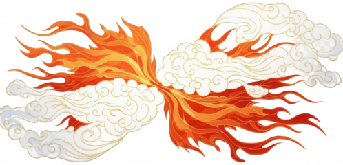 Fiery abstract clouds and golden flames design with symmetrical elements