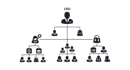 a visual representation of a corporate organizational chart with figures in a dark silhouette