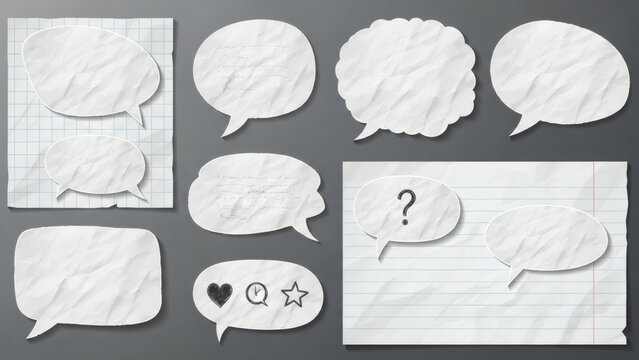 A collection of white paper speech bubbles on a gray background for communication and dialogue - Powered by Adobe