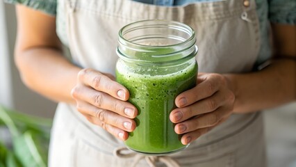 Extreme close-up of hands holding a glass jar with green juice showing natural bubbles and texture, soft daylight, clean background, organic detox concept, no face visible
