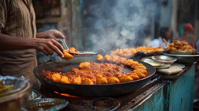 Authentic street food vendor frying crispy samosas in a large pan, traditional outdoor market cooking, hot spicy snacks with steam and smoke
