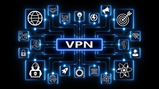 VPN concept infographic with central text and surrounding icons connected by glowing blue lines security optimized for secure network and data protection visualization