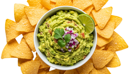 A bowl of guacamole with tortilla chips on a transparent background