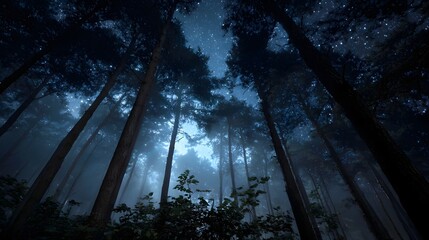 Mysterious dark forest at night with tall pine trees reaching towards a star filled sky enveloped in ethereal mist