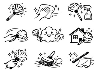 Hand drawn line art cleaning tools set featuring dusters, a broom, rags, and hands for domestic hygiene