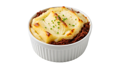 A delicious shepherd's pie in a white ramekin on transparent background