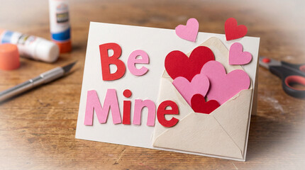 Handmade valentine card with be mine text, paper hearts popping out of envelope, diy craft workspace with scissors and glue on wood, romantic love concept, for holiday, celebration, affection.