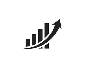 Business growth icon, bar chart increasing with arrow up, filled flat glyph style, vector icon for finance apps, modern minimal design, black and white