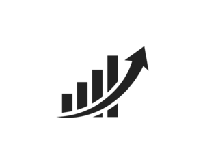 Business growth icon, bar chart increasing with arrow up, filled flat glyph style, vector icon for finance apps, modern minimal design, black and white