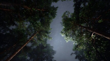 Looking up through tall pine trees at a vast star filled night sky with a hint of mist