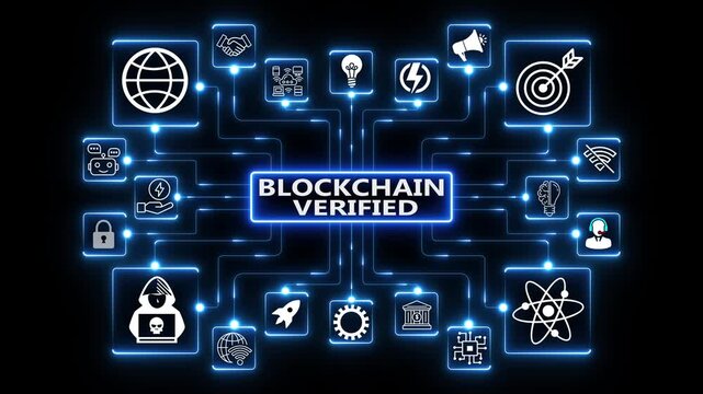 Connected digital services network animation with modular technology icons and glowing data links, abstract distributed system workflow visualization on dark background
