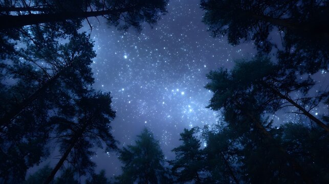 Looking up through dark pine trees at a vast star filled night sky filled with luminous cosmic details