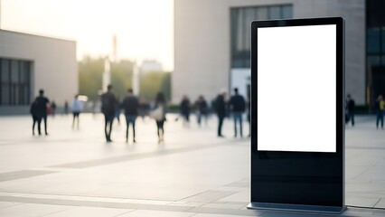 A blank advertising display stands prominently in a bustling public square surrounded by people walking in various directions on a sunny day.