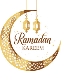 Ramadan Kareem hanging lanterns garland. Islamic ornamental lanterns, golden crescent moon and stars. Muslim festival, oriental eid decoration, festive greeting vector, religious holiday design.
