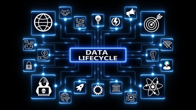 Data lifecycle network animation with connected digital icons and glowing nodes, abstract data processing, management and analytics workflow visualization on dark background