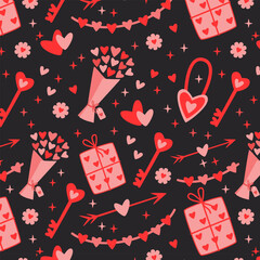 Romantic Seamless Pattern with Hearts Keys Gifts and Bouquets, Valentine Vector