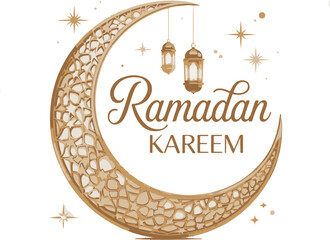 Ramadan Mubarak decorative banner with golden crescent moon, lanterns, and intricate Islamic patterns.