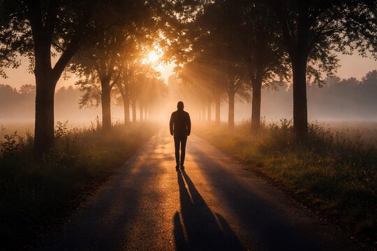Person walking alone at dawn, long shadows