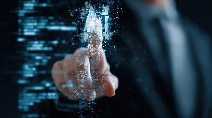 A man dressed in a suit is touching a digital interface with his finger, demonstrating interaction with technology.