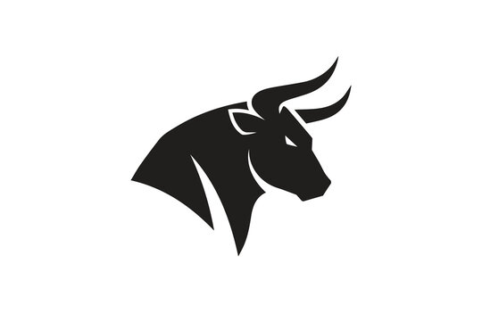 Minimalist bull head logo, strong and powerful bull silhouette facing side, sharp horns, bold black color, clean vector logo design, modern branding style, white background.