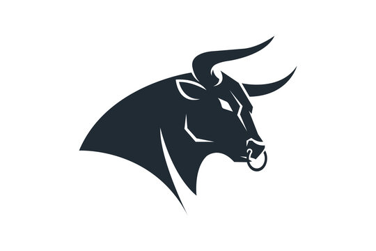 Abstract bull head vector logo, stylized buffalo or Taurus head illustration, minimalistic geometric design.