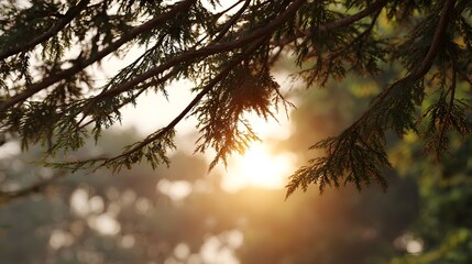 Golden sunlight filters through the needles of a pine tree s branches at dawn