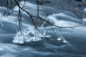 Long Exposure of Brembo River with Ice, Winter Landscape in Italy