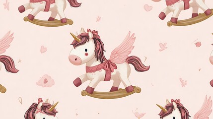 A whimsical pattern featuring cartoon unicorns with wings and bows on rocking horses
