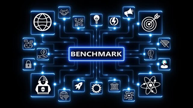 Digital benchmark performance network animation with connected technology icons and glowing nodes, abstract system evaluation and data analysis workflow on dark background