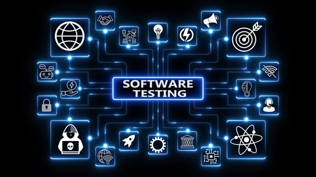 Connected technology network animation with digital icons and glowing nodes, abstract software quality assurance and system testing workflow concept on dark background
